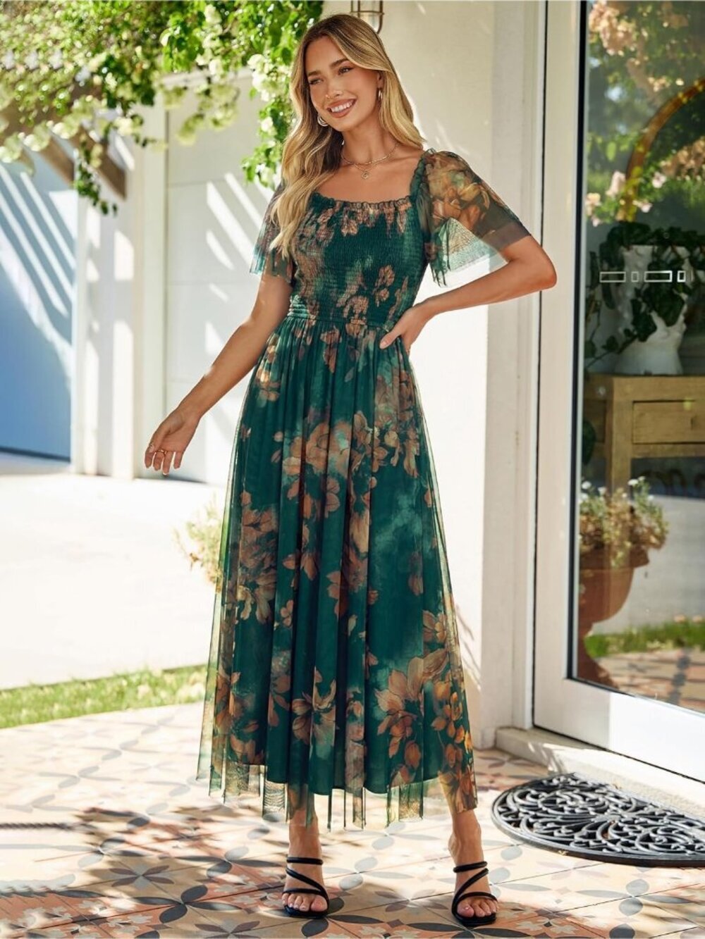 Women's Floral Green Brown Stylish Square Neck Mesh Smocked Boho Maxi Dress - Picture 2 of 6